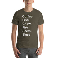 Perfect day (coffee, fish, chow, fire, beers, sleep) Short-Sleeve Unisex T-Shirt