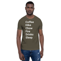 Perfect Day (coffee, hike, chow, fire, drinks, sleep) Short-Sleeve Unisex T-Shirt