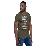 Perfect Day (coffee, hike, chow, fire, drinks, sleep) Short-Sleeve Unisex T-Shirt