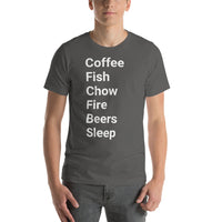 Perfect day (coffee, fish, chow, fire, beers, sleep) Short-Sleeve Unisex T-Shirt