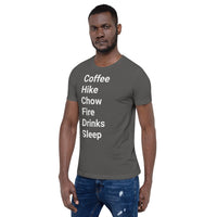 Perfect Day (coffee, hike, chow, fire, drinks, sleep) Short-Sleeve Unisex T-Shirt