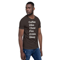 Perfect Day (coffee, hike, chow, fire, drinks, sleep) Short-Sleeve Unisex T-Shirt