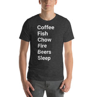 Perfect day (coffee, fish, chow, fire, beers, sleep) Short-Sleeve Unisex T-Shirt