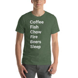 Perfect day (coffee, fish, chow, fire, beers, sleep) Short-Sleeve Unisex T-Shirt