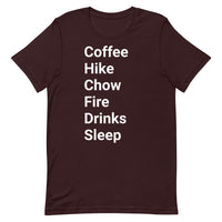 Perfect Day (coffee, hike, chow, fire, drinks, sleep) Short-Sleeve Unisex T-Shirt