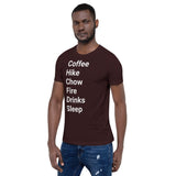 Perfect Day (coffee, hike, chow, fire, drinks, sleep) Short-Sleeve Unisex T-Shirt