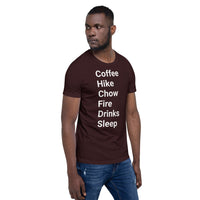 Perfect Day (coffee, hike, chow, fire, drinks, sleep) Short-Sleeve Unisex T-Shirt